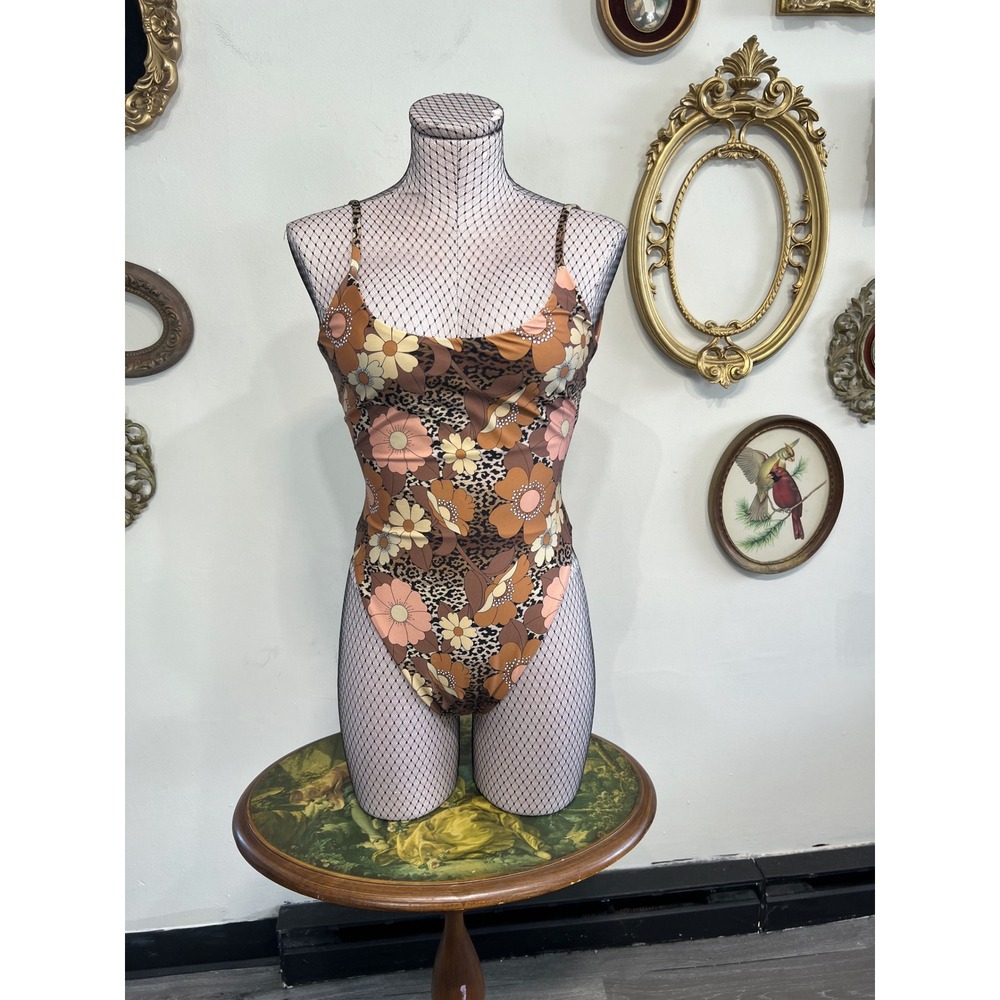 Inamorata Retro Floral Cheetah Print One Piece Swimsuit Size M